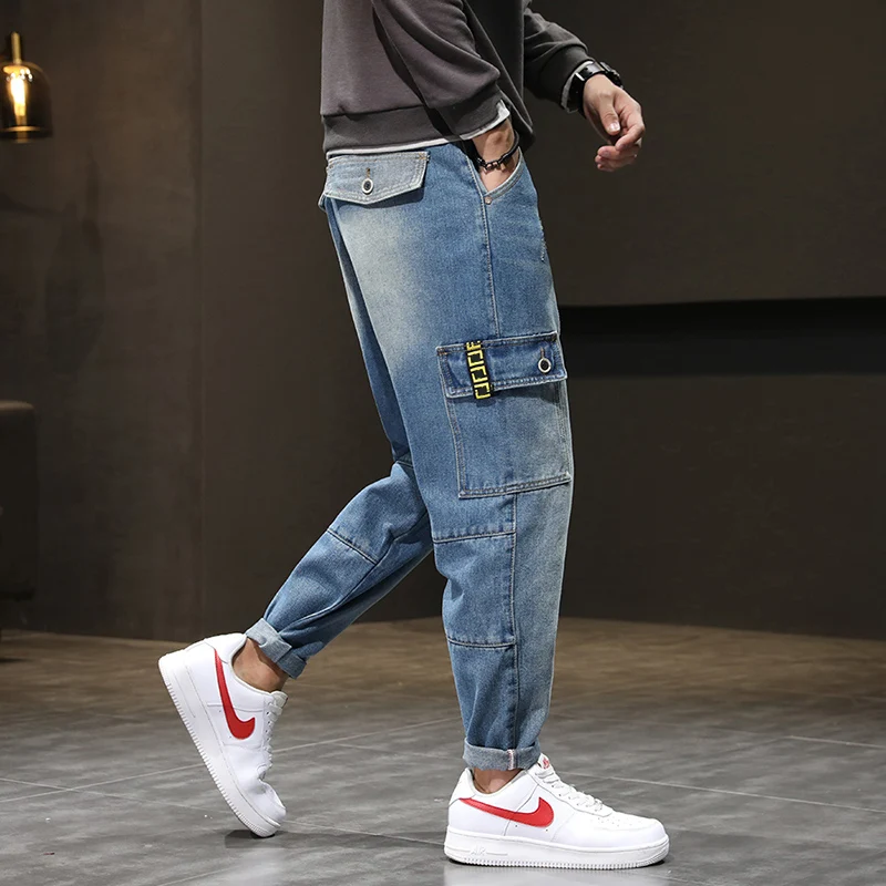 Штаны-шаровары брюки мужские джинсы светильник синий мешковатые человек