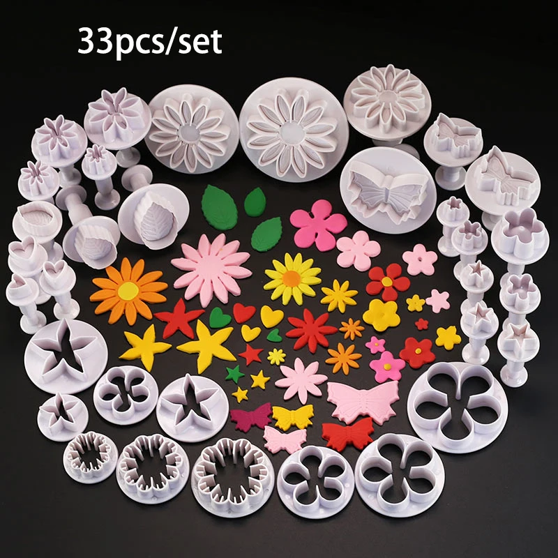 

33Pcs/Set Fondant Plunger Cutters Cake Tools Sugarcraft Cake Decorating Tool Cookie Biscuit Fruit Dessert Baking Accessories