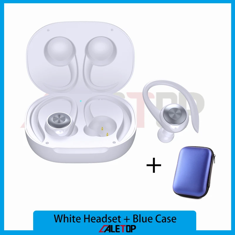 White and Blue Case CALETOP TWS Bluetooth 5.0 Earphone Sports Wireless Earphones Ear Hook Noise Reduction Headphones Stereo Sound Headset with MIC - Цвет: White and Blue Case