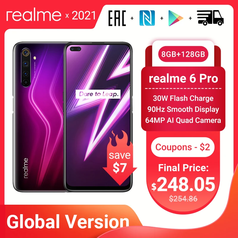 

realme 6 Pro 6pro Global Version 8GB RAM 128GB ROM Mobile Phone Snapdragon 720G 30W Fast Charge 64MP Camera EU Plug NFCellphone