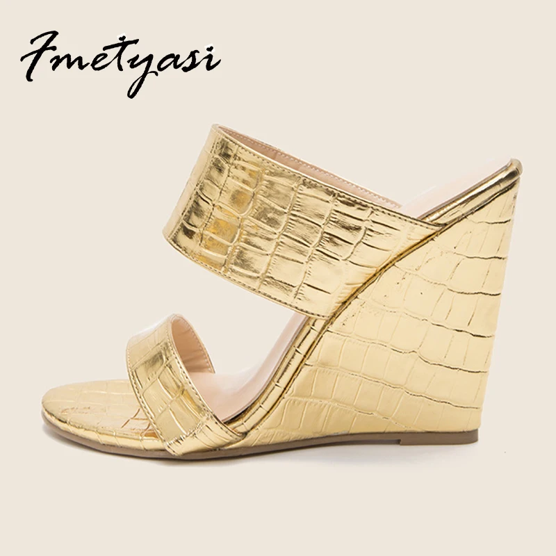 

High-heeled Sandals Wedge heel for Woman Summer Sexy Golden Snake Print Pu Leather Women Pumps Rubber Platform Big Size