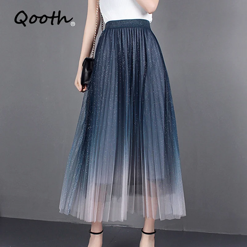 

Qooth High-waisted Pleated Long Skirt Summer Shiny Fairy Mesh Skirt A-Line Korean Fashion Stitching Color Elegant Skirts QT810