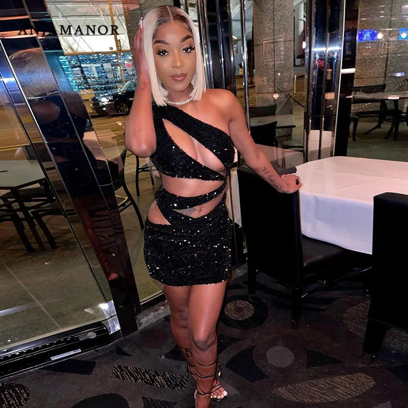 

ANJAMANOR Black Sparkly Sexy Dress for Women Birthday Party Night Clubwear Hollow Out One Shoulder Bodycon Mini Dresses D78-CB21