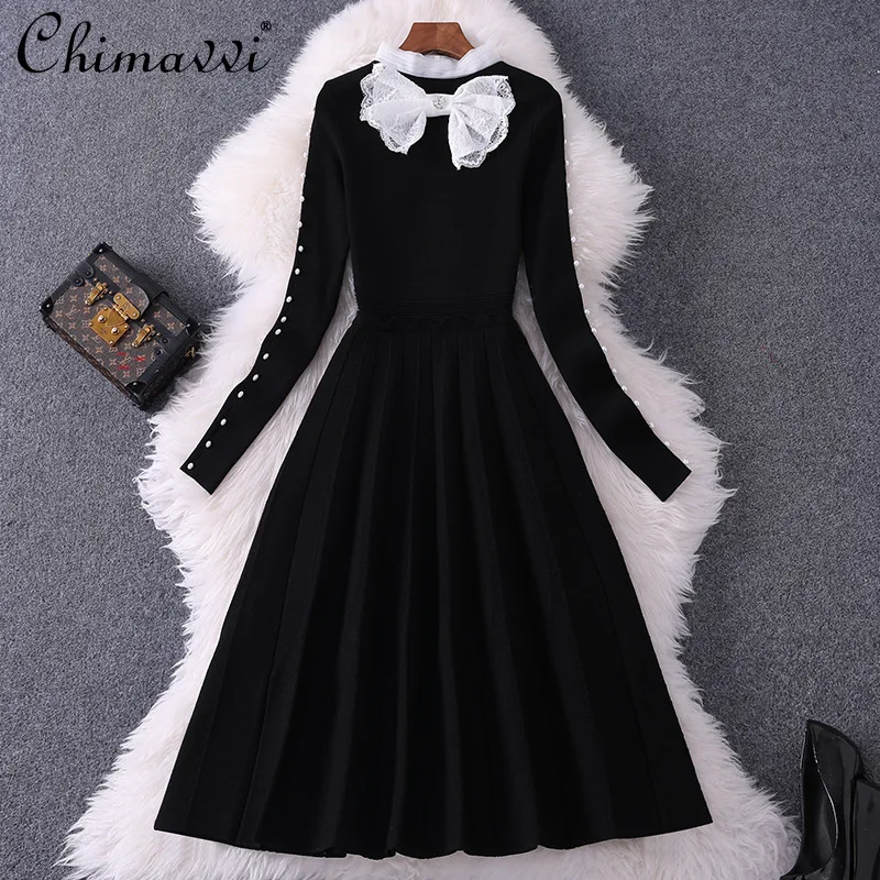 

Женское трикотажное платье с высокой талией, элегантное облегающее платье-трапеция с воротником-стойкой и бантом из бисера, Осень-зима 2021