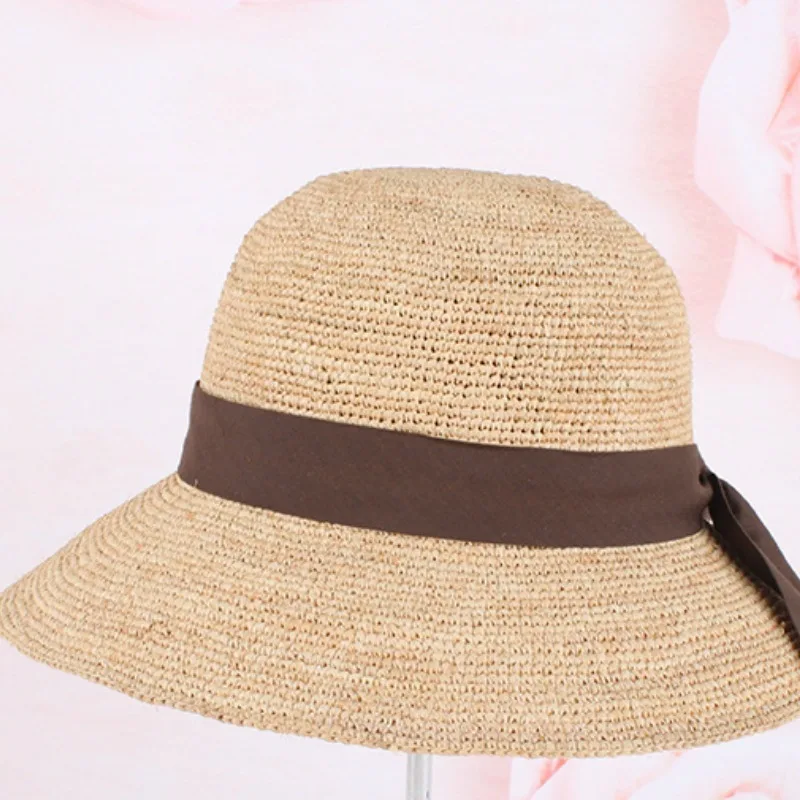 

Woman Natural Raffia Straw Hat with Bow Hand Crochet Fashion Foldable Flat Big Brim Spring Classical Sunhat Beach Hat