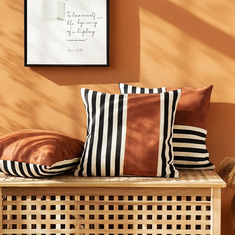 

Faux Leather Pillow Cover Cushion Cover 45x45cm Black Stripe Home Decoration For Couch Bed Living Room Bed Room