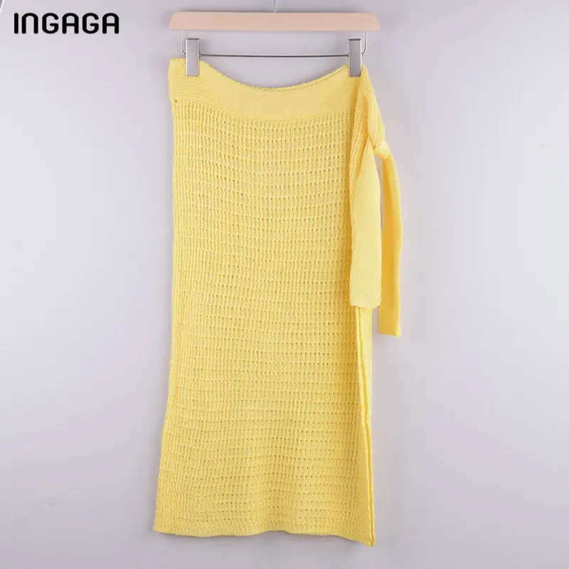 

INGAGA Split Fork Beach Cover Up Sexy Women's Swimsuits Knitting Swimwear Women Hollow Out Dresses Knotted Beachwear 2021 Summer