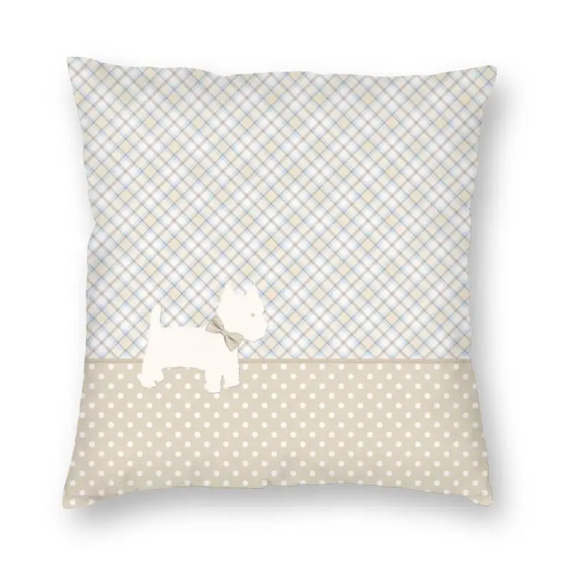 Cartoon Westie Tartan And Polka Dots Throw Pillow Cover Decorative Square West Highland White Terrier Dog Cushion Cover 45x45