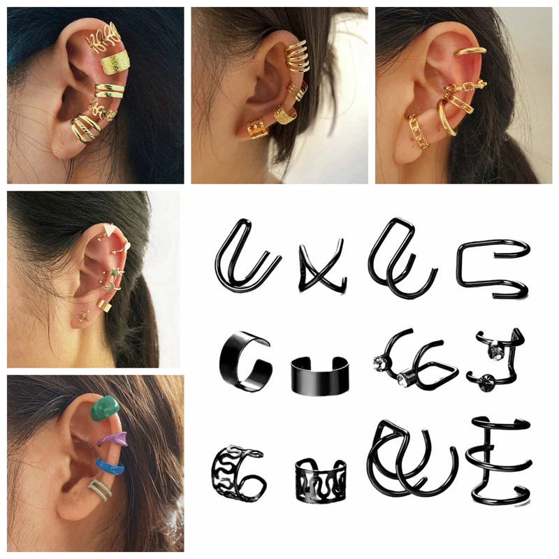 

2022 New Gold Leaves Ear Cuff Black Non-Piercing Ear Clips Fake Cartilage Earrings Clip Earrings For Women Men Silver Jewelry
