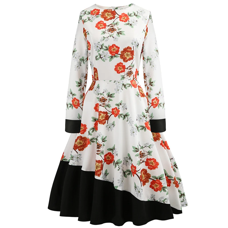 Long Sleeve Spring Autumn Winter Dress Floral Lemon Print Patchwork Black Blue White Swing Retro 50s Vintage Dresses | Женская одежда