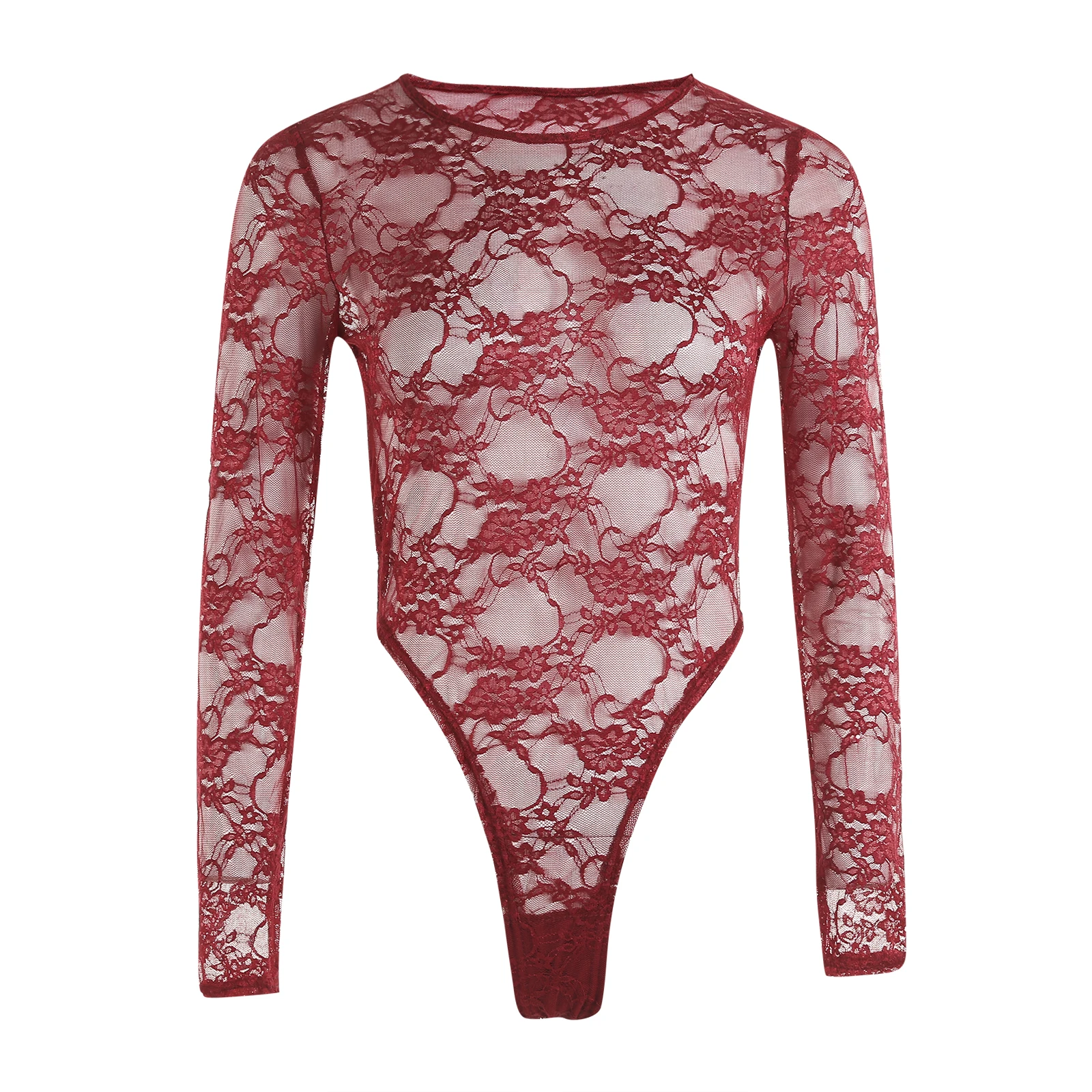 

Female Sexy Lingerie Sexy Women Ladies Lace Bodysuit Long Sleeves Round Neck High Cut Leotard Lace Sexy One-piece Nightwear