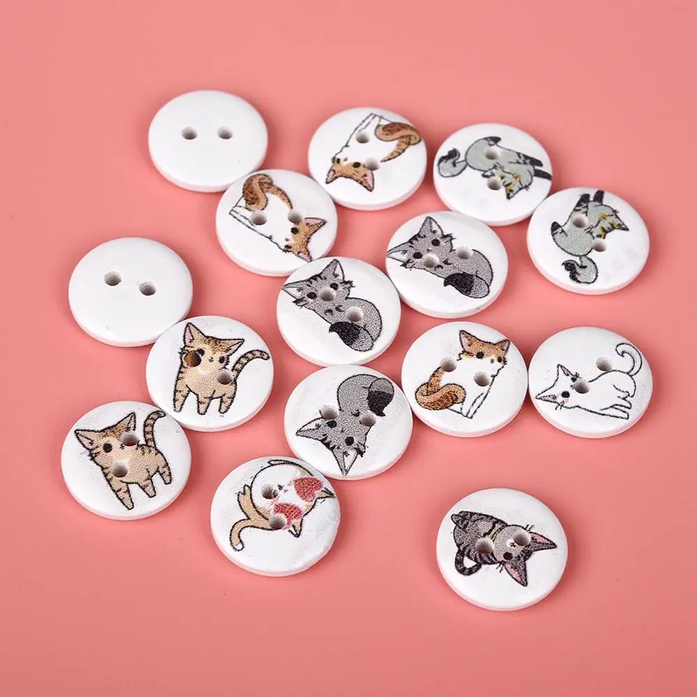 50 шт 15 мм круглые деревянные пуговицы 2 отверстия с изображением милого кота