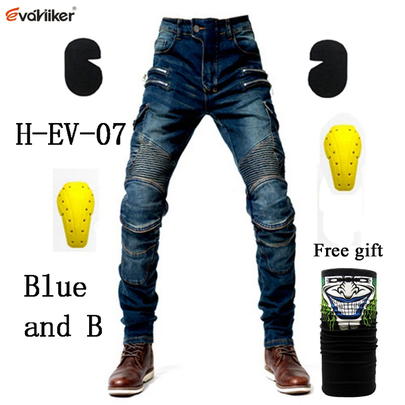 H-EV-07 Blue and B Новые мотоциклетные Брюки с карманами на молнии, мужские мотоциклетные джинсы, защитное снаряжение для езды на мотоцикле, мотокросса, 3 цвета - Цвет: H-EV-07 Blue and B