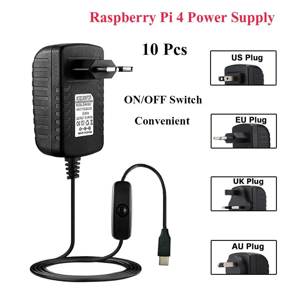 10 шт. Raspberry Pi 4 Питание 5V 3A Тип C адаптер питания вкл/выключения EU/US/UK AU USB Зарядное