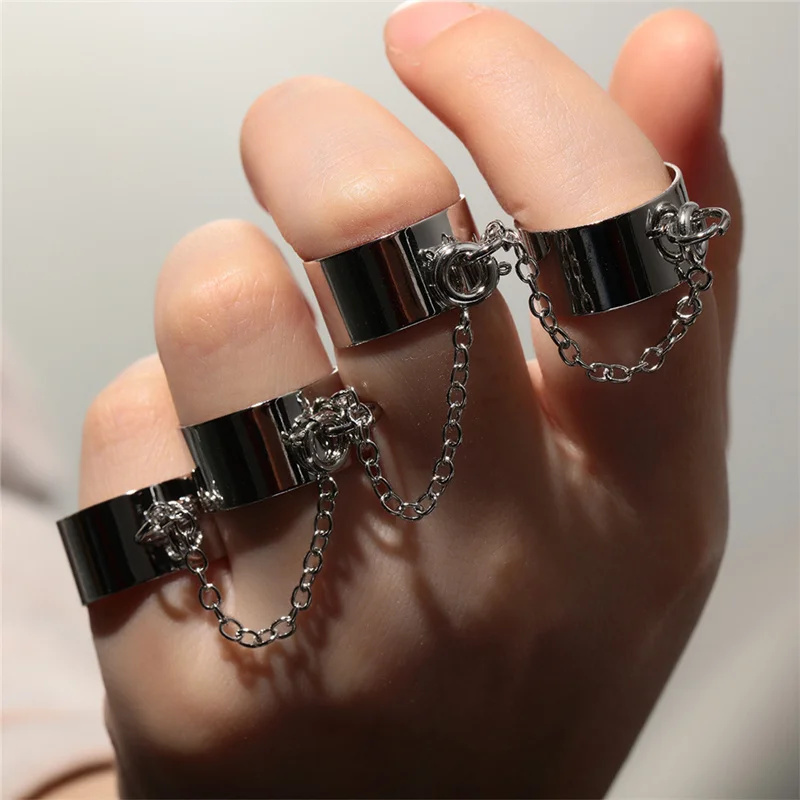 

Fashion Punk Cool Hip Pop Rings Multi-layer Adjustable Chain Four Open Finger Rings Alloy man Rotate Rings for Women Party Gift