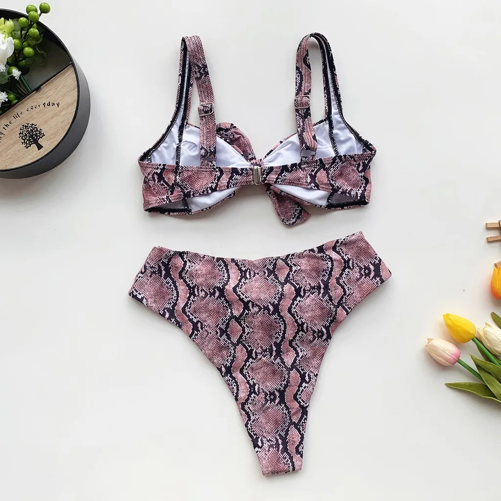 

High Waist Seperate Swimsuit Women Bikini Push Up Padded Swimwear Snake Print Bandage Bikini Set Summer Bathing Suit Beach Wear