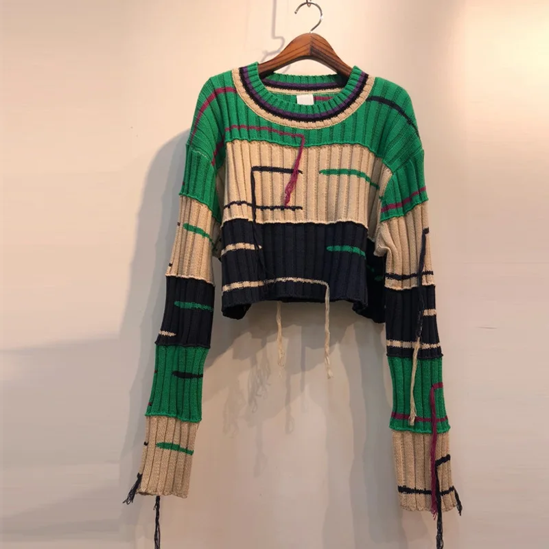 

Fringed short color-blocking striped pullover sweater women autumn 2021 new Korean casual knitted top