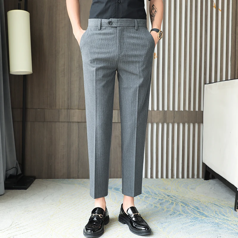 

New 2021 Men's Slim Business Formal Pants Men's Striped Suit Pants and Ankle Men's Summer Formal Pants Black Grey
