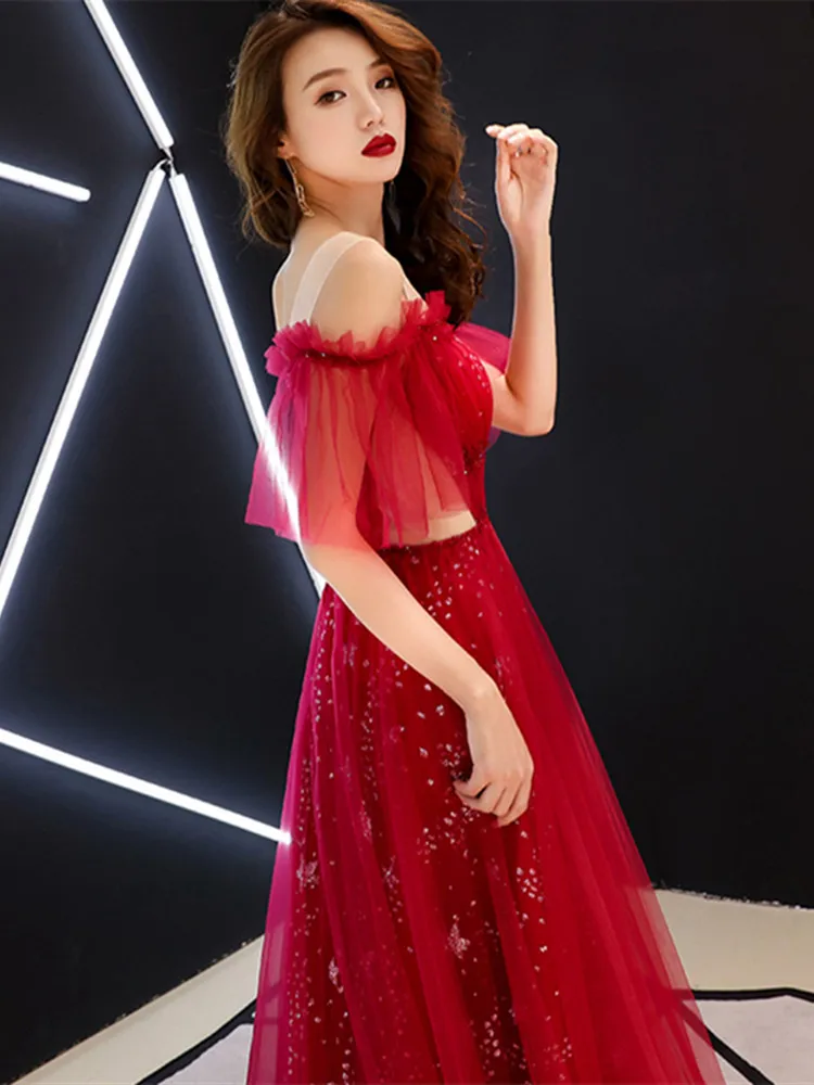 Вечернее Платье Лодка Шеи It's YiiYa, Вечерние Платья Bling Stars Шаблон, Женщин Элегантное Красное Вино, Узелок Тюль, Длинные Платья Партии, E061,лето