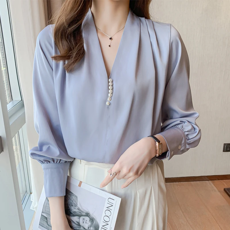 

Женская атласная блузка с длинным рукавом, элегантная офисная белая блузка с V-образным вырезом и бусинами, осень 2021