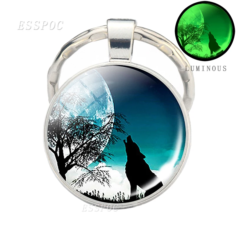 Glow in Dark Jewelry Howling Wolf Keychain Wolf Luminous Glass Cabochon Pendant Keyring Double Side Glass Ball Keychain