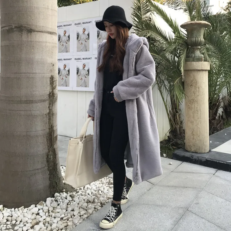 Зимнее новое пальто с искусственным кроличьим мехом длинное капюшоном толстое