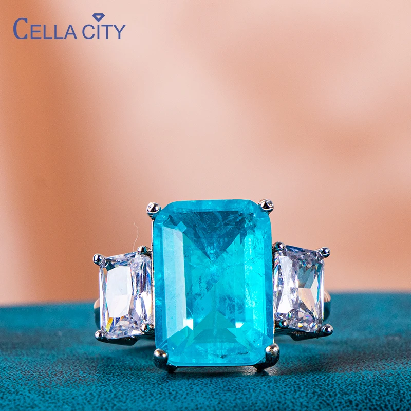 

Cellacity Luxury 925 sterling silver women ring with 10*14mm paraiba tourmaline gemstones silver wedding fine Jewelry gift