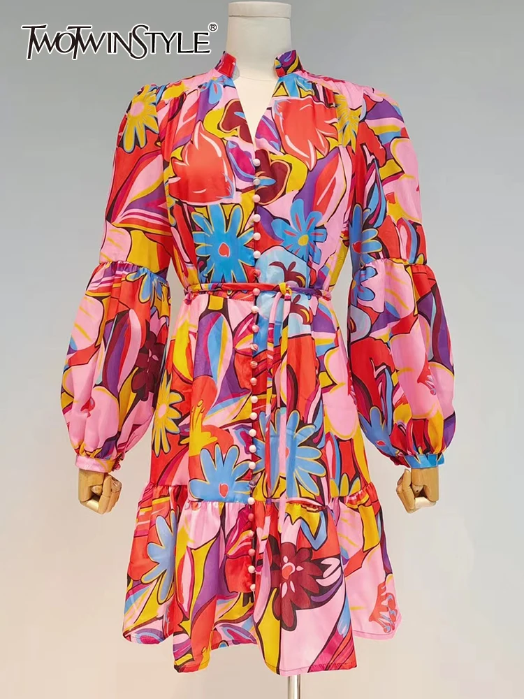 

TWOTWINSTYLE Vintage Print Dress For Women V Neck Loose Long Lantern Sleeve High Waist Mini A Line Dresses Female 2021 Clothing