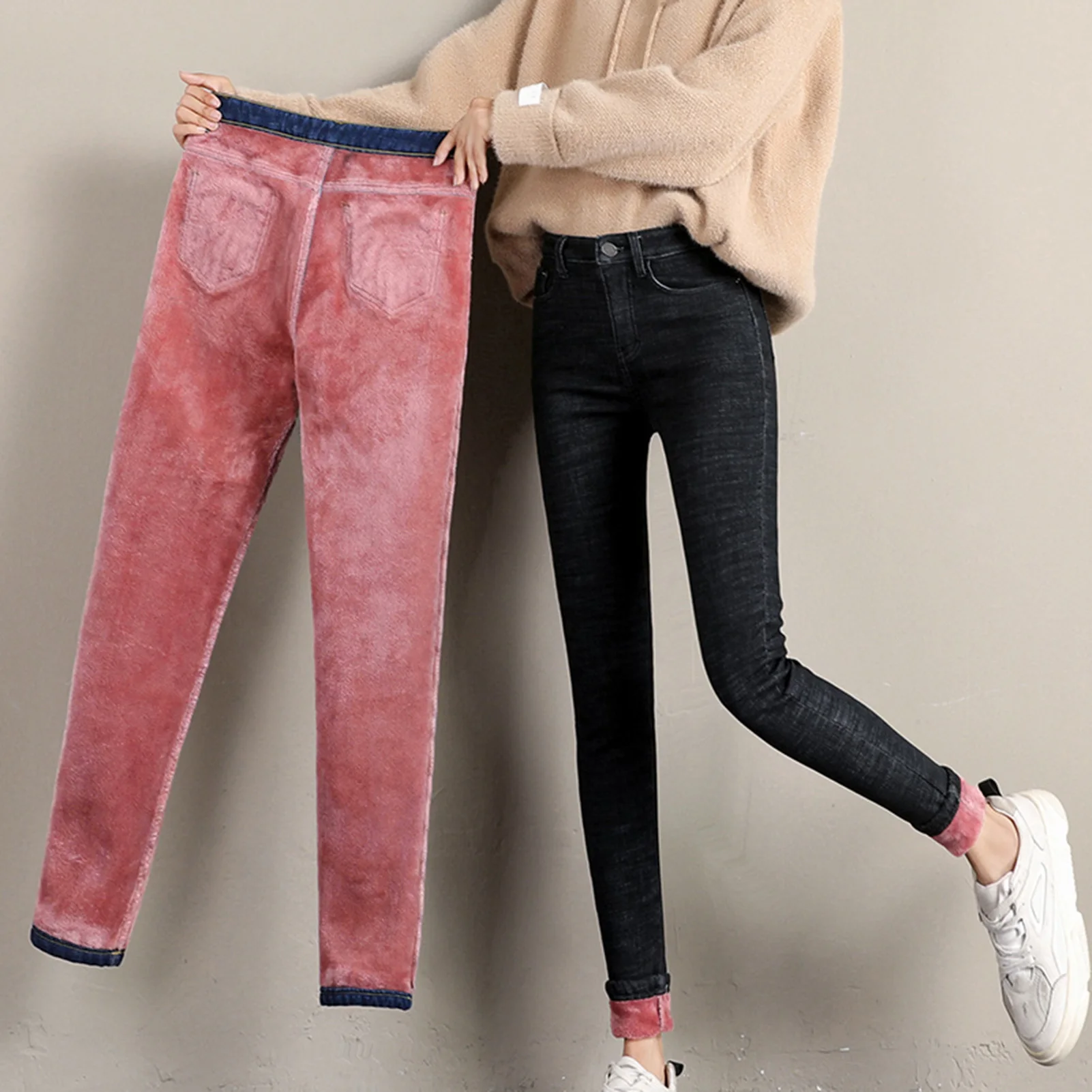 

Женские джинсы с флисовой подкладкой, теплые эластичные облегающие брюки, брюки с высокой талией FS99