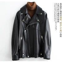 nerazzurri autumn white black soft pu leather jackets for women long sleeve zipper loose spring faux leather biker jacket women