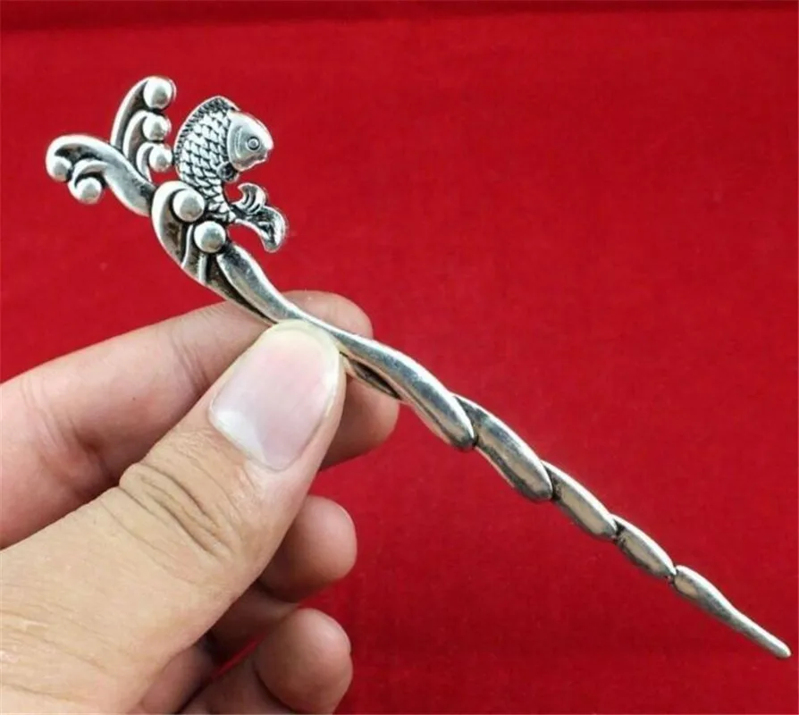 Медь статуя Коллекционные Китайский тибетский серебристый резные рыбы