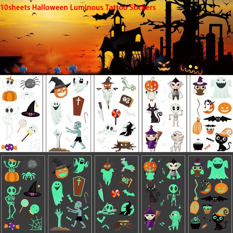 

10sheets Halloween Luminous Tattoo Fake Tattoo Witch Glowing Tattoo Stickers