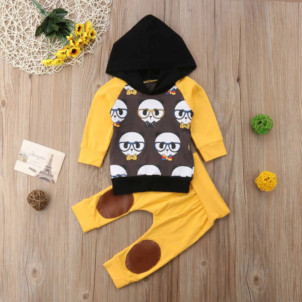 

Комплект одежды для новорожденных из 2 предметов, толстовка с длинным рукавом и капюшоном с мультяшным принтом панды и длинные штаны