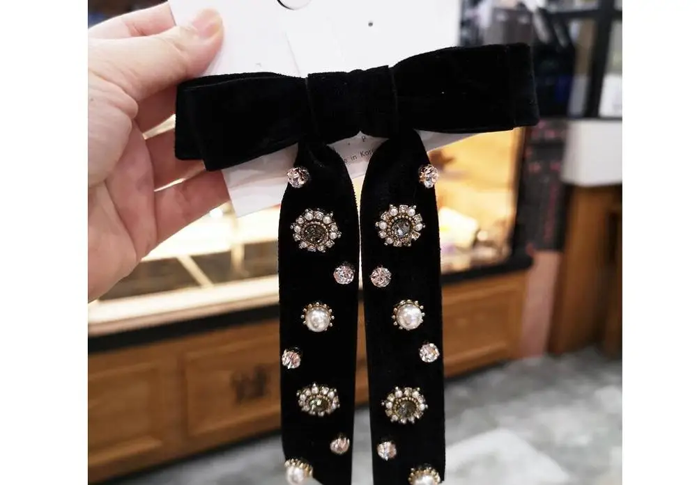 Женская бархатная заколка с черным бантом в стиле ретро |