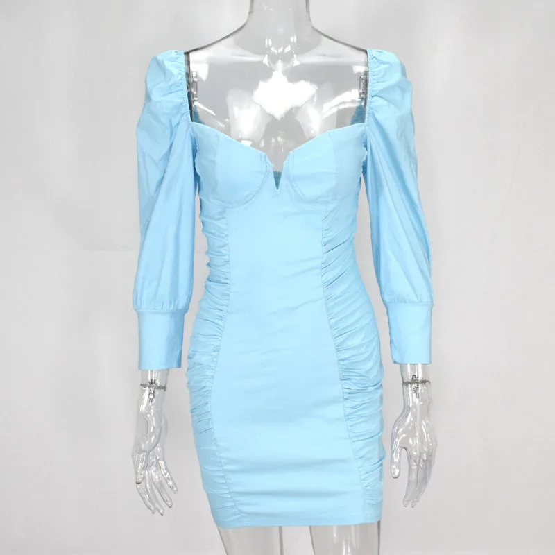 

2020 Spring Autumn Women New Long Sleeve Dresses Square Neck Solid Blue Slim Dress Casual Simple Bodycon Package Hip Club Dress