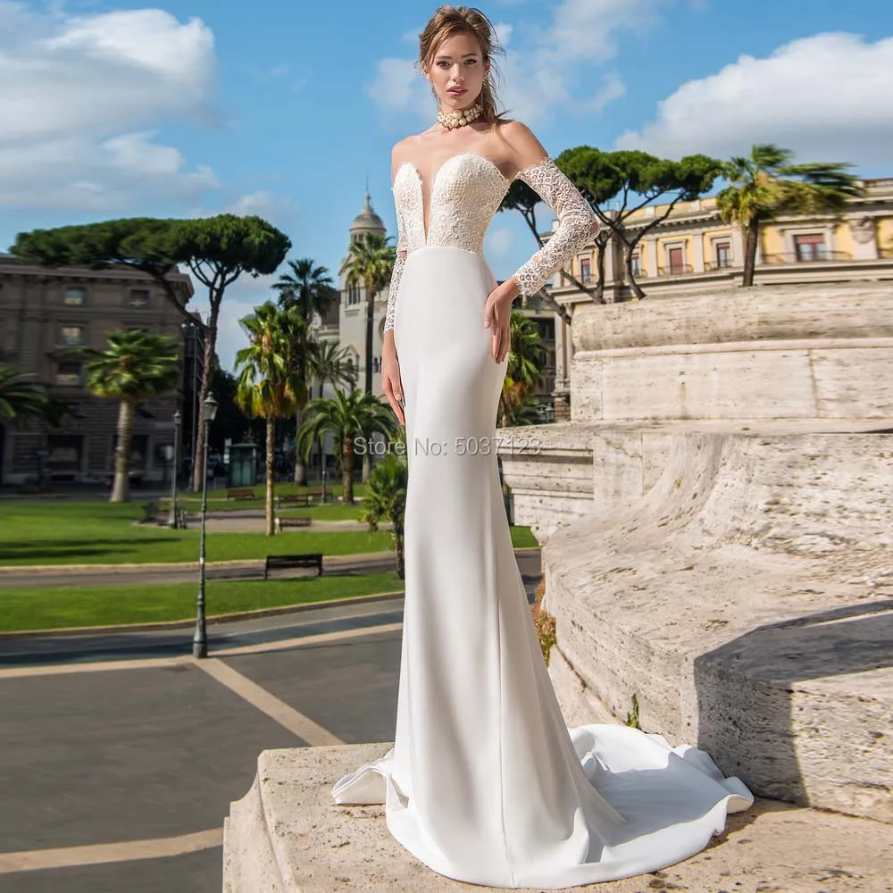 Свадебные платья русалки с длинными рукавами с открытыми плечами Vestido De Noiva кружевные аппликации для свадебных платьев со шлейфом Иллюзия кнопка