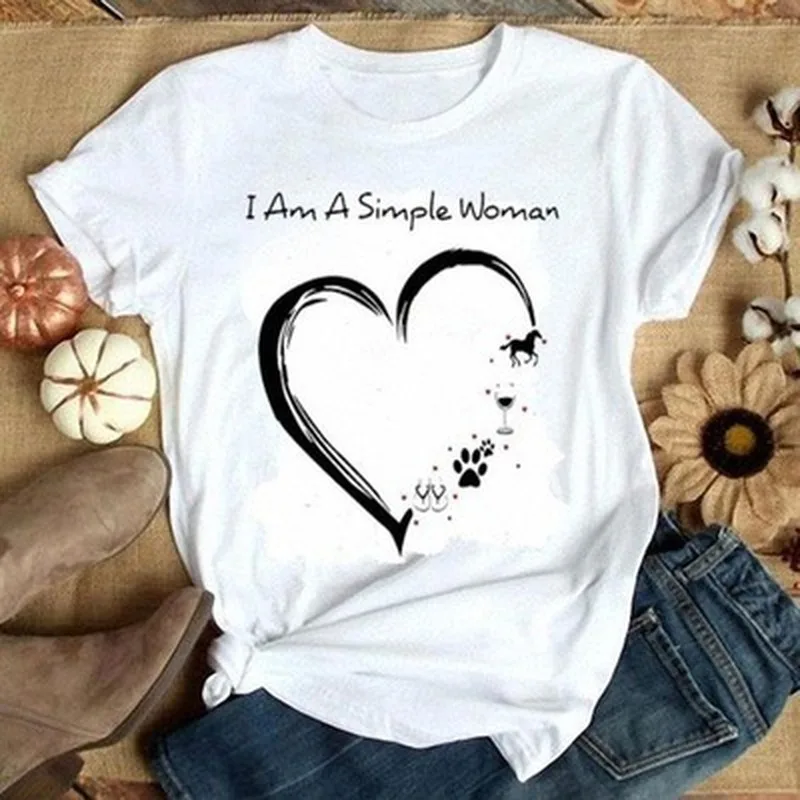 

A Simple Woman Heart Print T Shirt Women Short Sleeve O Neck Loose Tshirt Summer Women Tee Shirt Tops Camisetas Mujer
