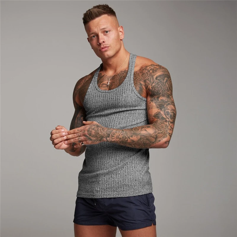 Men's Solid O Neck Knitted Sleeveless T Shirt Fitness Slim Fit Sports Strips Tank Top Male Fashion Singlets Summer Gym Clothing
