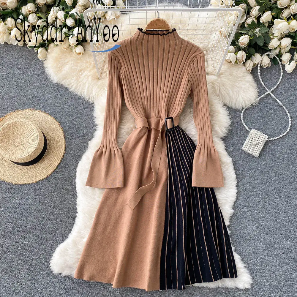 

Autumn Winter Woman Knitted Dresses 2021 Long Sleeve Slim Pleated Knee-Lenght Korean Fashion Sweater Dress A-Line Casual Robe