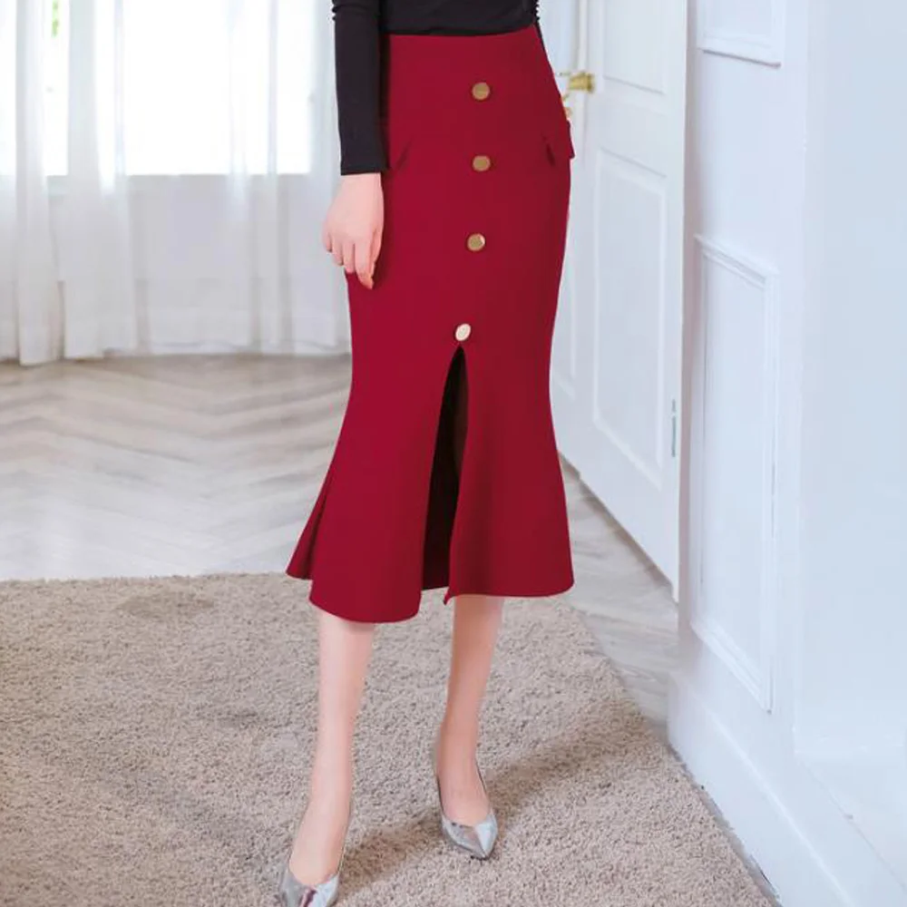 

Red Autumn Midi Mermaid Skirts Womens High Waist Package Hip-Wrapped Split Bodycon Skirt Vintage Casual Ladies Office Skirt
