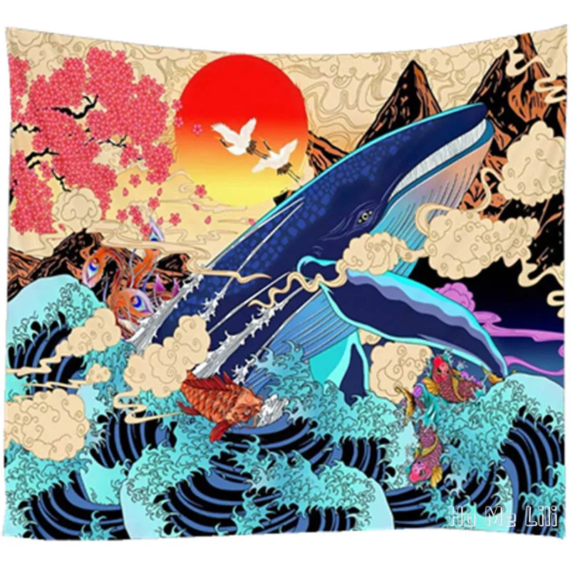 

Настенная подвеска, японское искусство, Кит, большая волна, кои, рыба, вишневый цвет, солнце, от Ho Me Lili, гобелен, Декор