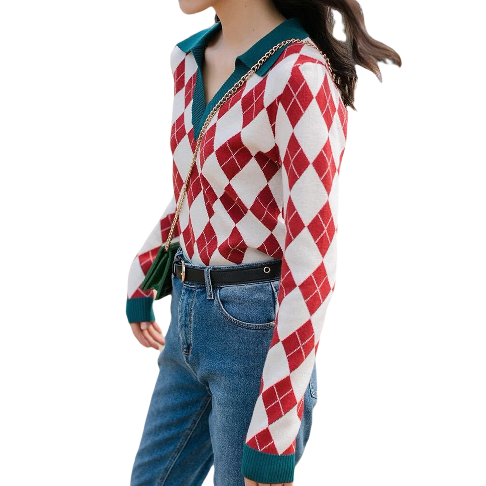 

Women Color Block Knitwear Autumn Adults Casual Style Long Sleeve V-neck Sweater