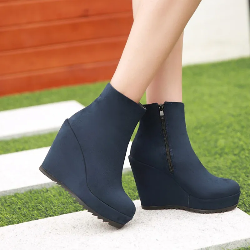

New 2022 Spring Autumn Flock Platform Wedges Heels Woman Booties Round Toe Sexy Blue Brown Red Women Ankle Boots Plus Size 41 42