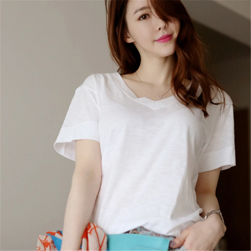 Женская белая футболка с коротким рукавом летняя свободная хлопковая Футболка