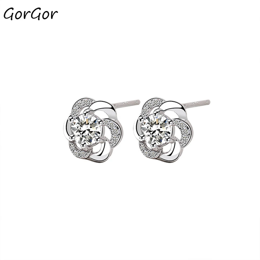 

GorGor Clip Earrings Women 925 Sterling Pattern Plum Blossom Mosaic Zirconia Simplicity Exquisite Anniversary Jewelry E110