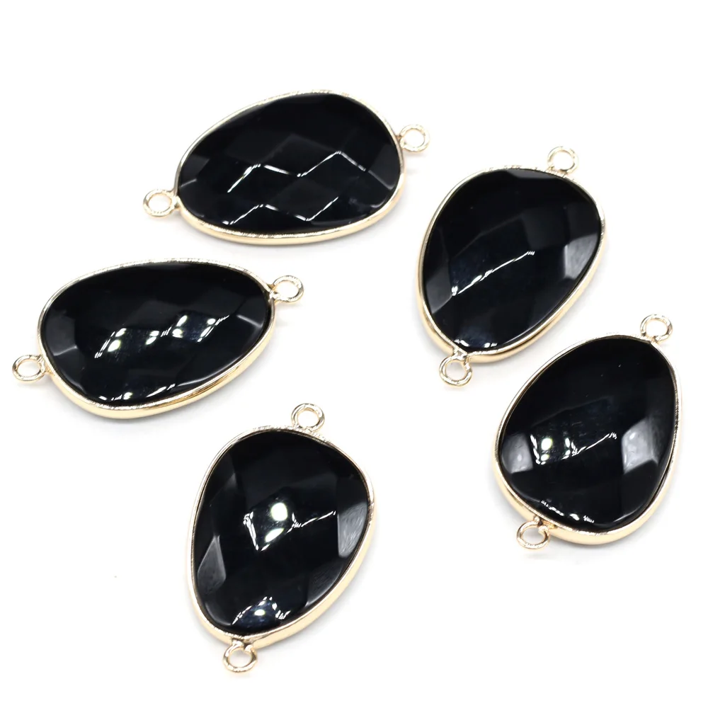 Подвески из природного камня формы капли с двойным отверстием из черного оникса для создания ювелирных изделий DIY - аксессуары для ожерелий и браслетов.