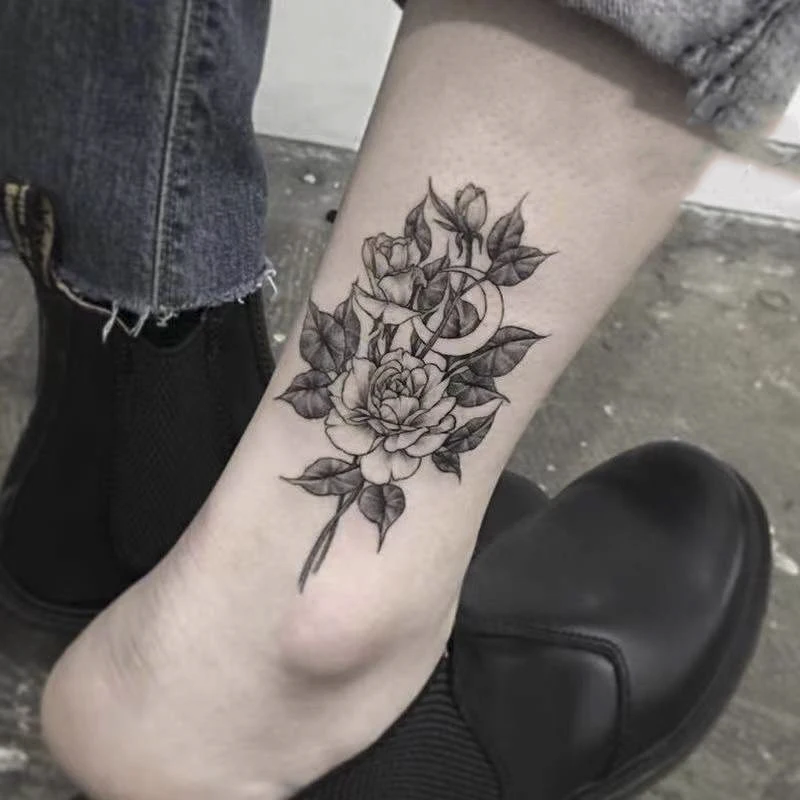 

Водостойкая Временная тату-наклейка, роза, эскиз, цветок, дизайн, боди-арт, искусственная татуировка, флеш-тату, лодыжки, женский, мужской