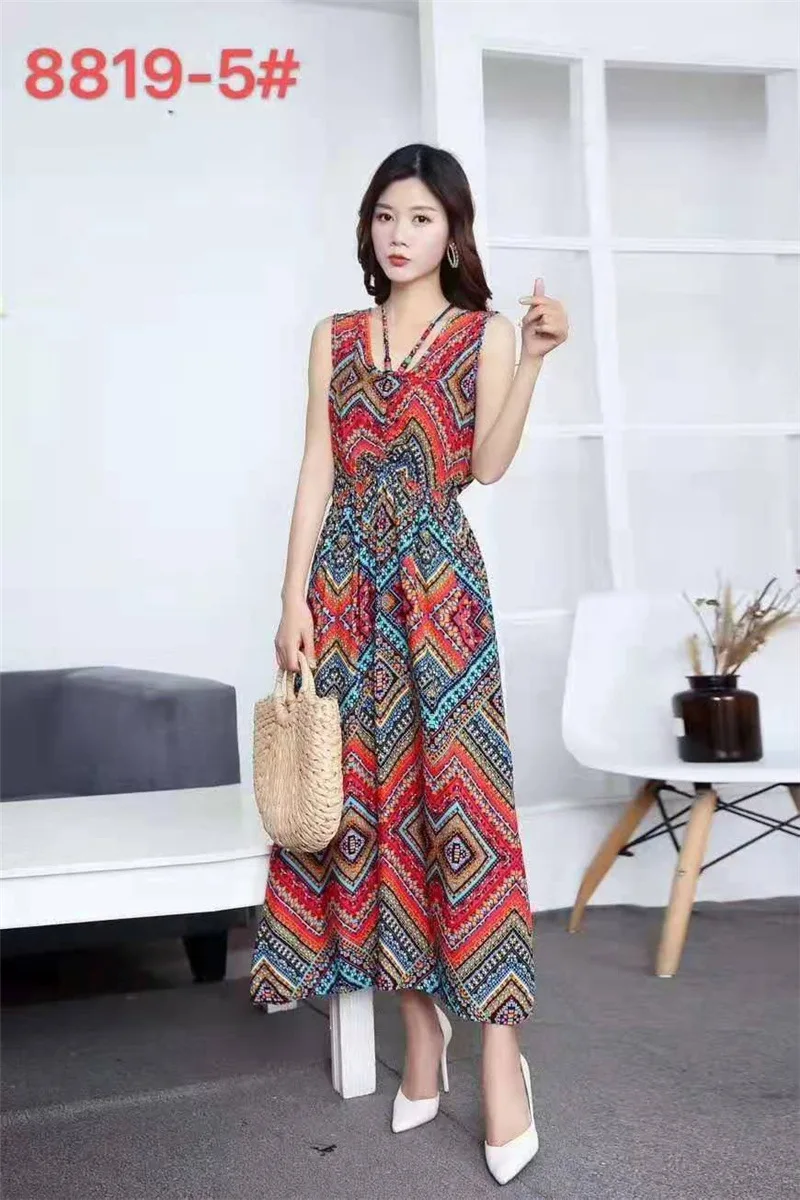 

2021 summer long skirt beach A-line skirt Bohemian print medium long skirt summer oversize women's floral suspender dress