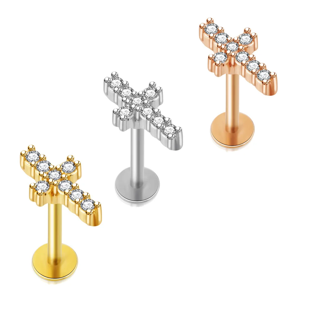 

1Pc 16G Stainless Steel Labret Lip Ring Ball Stud Cross Labret Back Piercing Jewelry