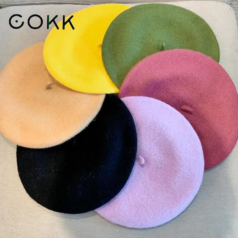COKK الشتاء القبعات للنساء الصوف القبعات رسام قبعة الخريف الشتاء قبعة الإناث شقة الفرنسية الفنان القبعات الفتيات خمر الدافئة عادية